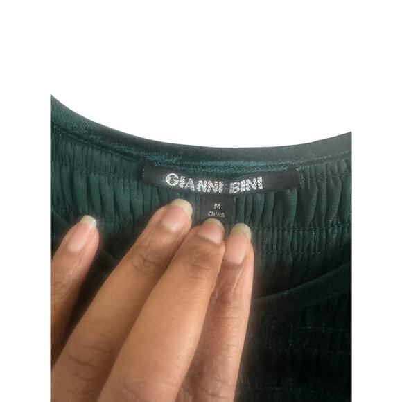 Gianni Bini Women's Smocked Velvet Mini Dress M Long Sleeve Ruffle Hem Green - Picture 6 of 13